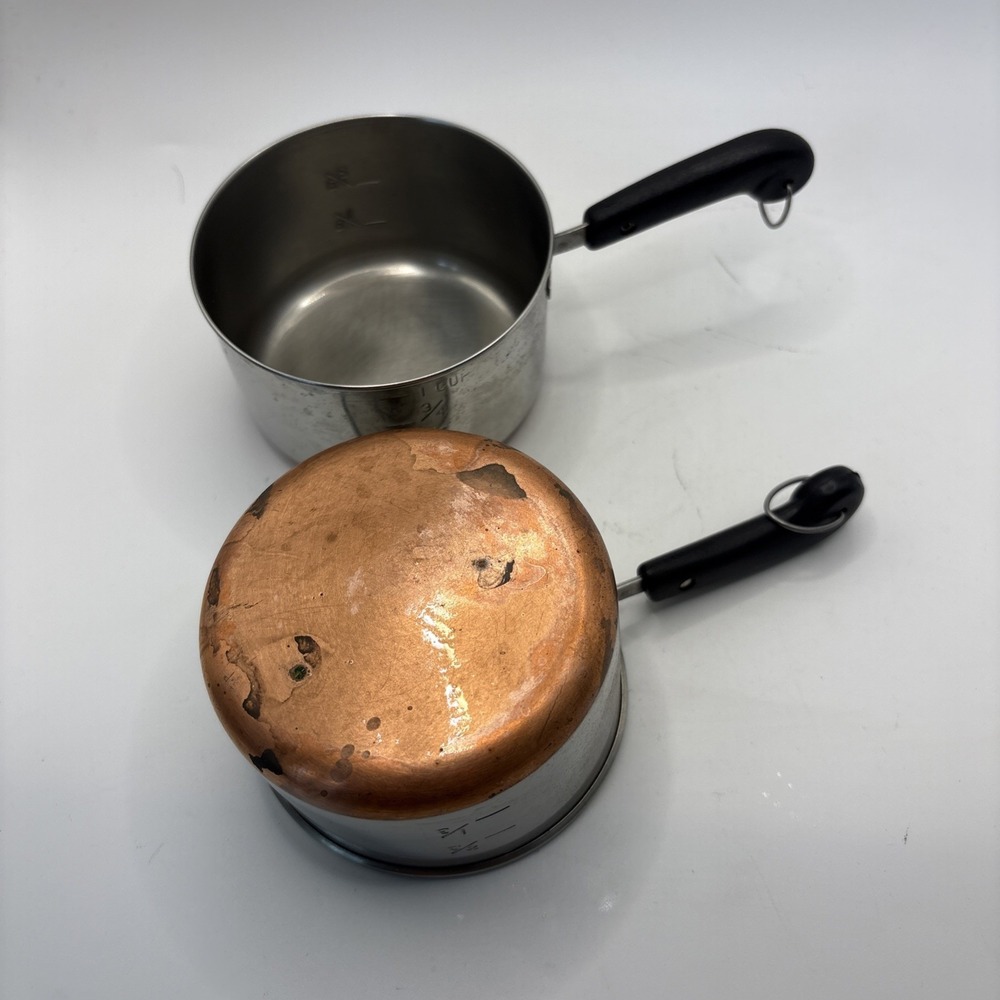 Set Of 2 Vtg 1 Cup Mini Melting Pots Stainless Copper Clad Bottoms Measuring Cup